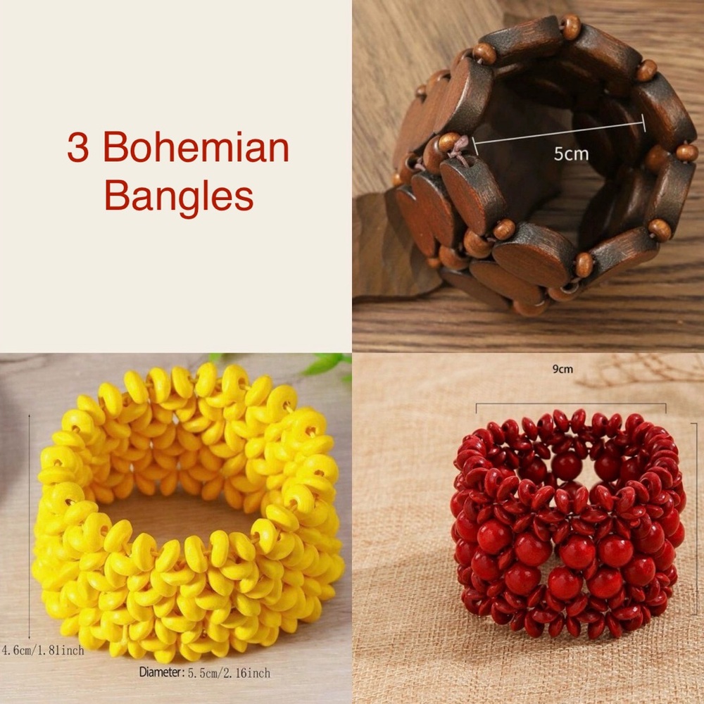 Set of 3 Bohemian Women’s Bangles - Red, Yellow, Brown
